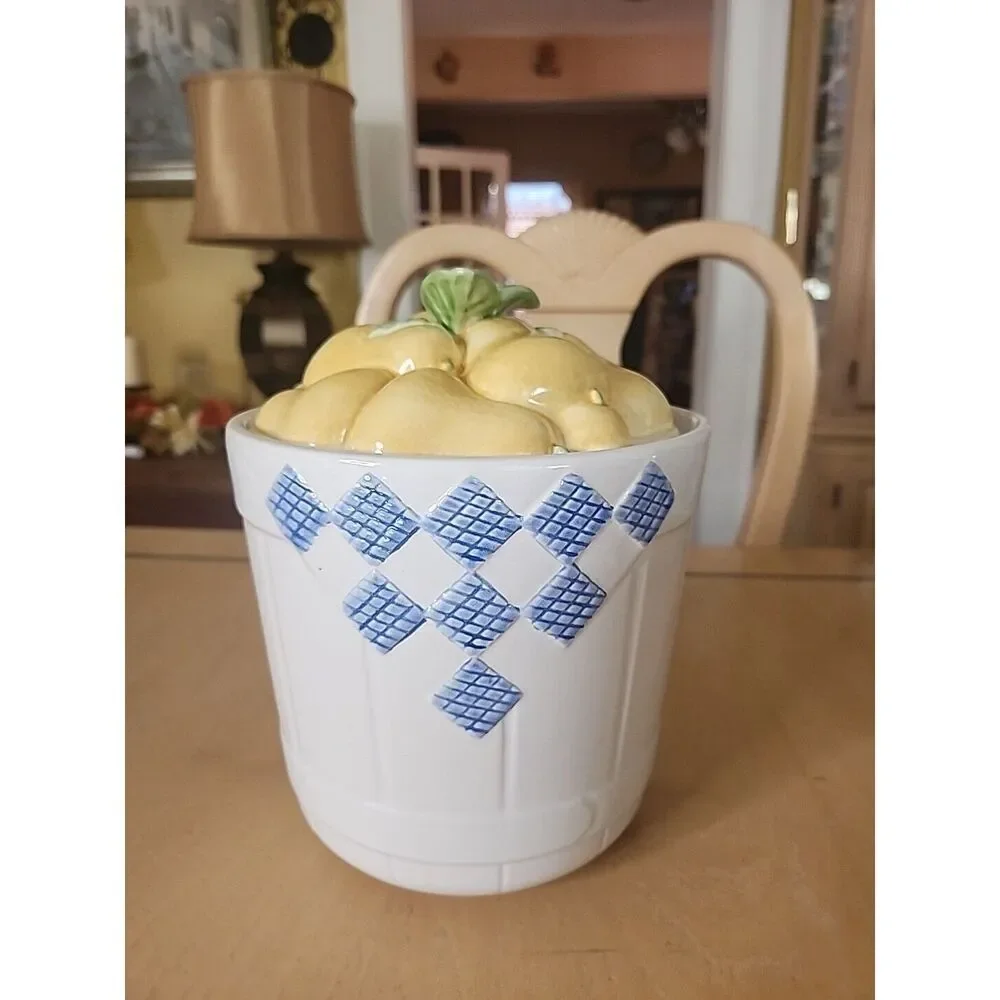 Pear Topped Canister, ceramic, blue, yellow,  COLLECTIBLE!!